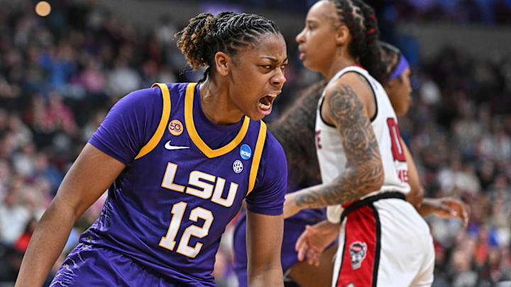 Mar 28, 2025; Spokane, WA, USA; LSU Lady Tigers guard Mikaylah Williams (12) celebrates a basket during the second half of a Sweet 16 NCAA Tournament basketball game against the NC State Wolfpack at Spokane Arena. Mandatory Credit: James Snook-Imagn Images Mar 28, 2025; Spokane, WA, USA; LSU Lady Tigers guard Mikaylah Williams (12) celebrates a basket during the second half of a Sweet 16 NCAA Tournament basketball game against the NC State Wolfpack at Spokane Arena. Mandatory Credit: James Snook-Imagn Images