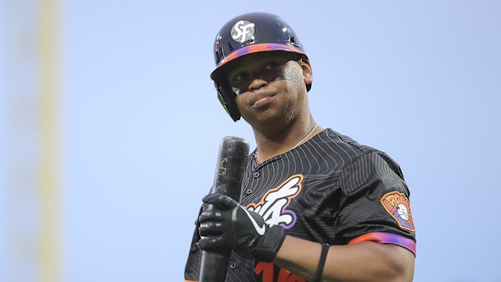 Jul 8, 2025; San Francisco, California, USA; San Francisco Giants designated hitter Rafael Devers (16) reacts after striking out to end the fifth inning leaving a runner on third base against the Philadelphia Phillies at Oracle Park. Mandatory Credit: Kelley L Cox-Imagn Images Jul 8, 2025; San Francisco, California, USA; San Francisco Giants designated hitter Rafael Devers (16) reacts after striking out to end the fifth inning leaving a runner on third base against the Philadelphia Phillies at Oracle Park. Mandatory Credit: Kelley L Cox-Imagn Images