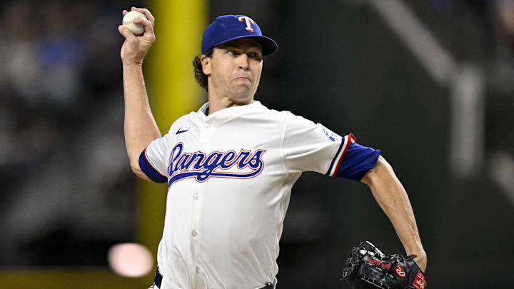 Sep 24, 2025; Arlington, Texas, USA; Texas Rangers starting pitcher Jacob deGrom (48) throws the ball during the third inning against the Minnesota Twins at Globe Life Field.