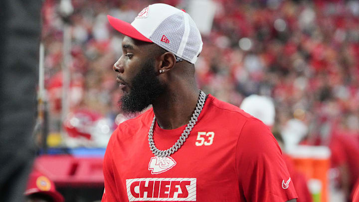Aug 22, 2024; Kansas City, Missouri, USA; Kansas City Chiefs defensive end BJ Thompson (53) on the sidelines against the Chicago Bears during the game at GEHA Field at Arrowhead Stadium. Mandatory Credit: Denny Medley-Imagn Images
