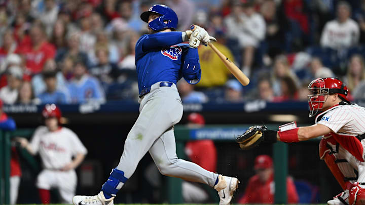 Chicago Cubs infielder Nico Hoerner hits a home run against the Philadelphia Phillies on Sept. 25 at Citizens Bank Park.