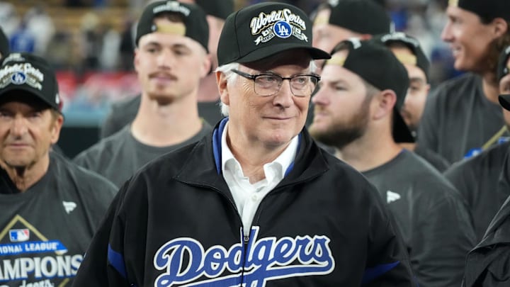 Oct 17, 2025; Los Angeles, California, USA; Los Angeles Dodgers owner Mark Walter reacts after game four of the NLCS round for the 2025 MLB playoffs against the Milwaukee Brewers at Dodger Stadium. Mandatory Credit: Kirby Lee-Imagn Images