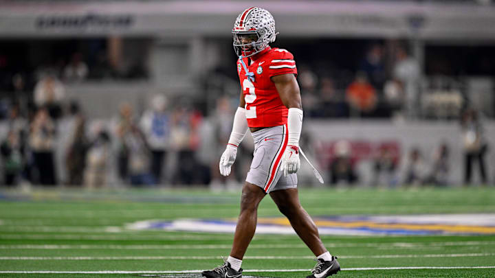 Dec 31, 2025; Arlington, TX, USA; Ohio State Buckeyes safety Caleb Downs (2) gets into position during the 2025 Cotton Bowl and quarterfinal game of the College Football Playoff at AT&T Stadium. Mandatory Credit: Jerome Miron-Imagn Images