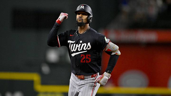 Jun 15, 2026; Arlington, Texas, USA; Minnesota Twins center fielder Byron Buxton (25) rounds the bases after hitting a home run against the Texas Rangers during the sixth inning at Globe Life Field. Mandatory Credit: Jerome Miron-Imagn Images