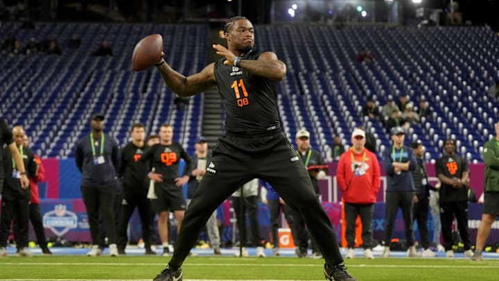 Alabama quarterback Jalen Milroe (QB11) during the 2025 NFL Combine at Lucas Oil Stadium.