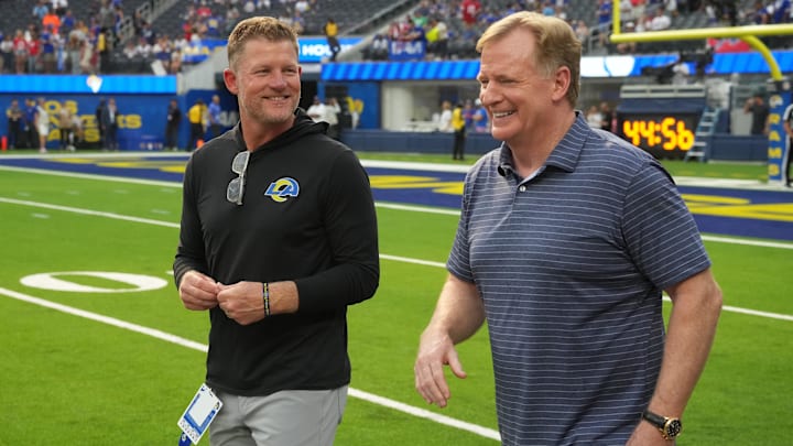 Sep 8, 2022; Inglewood, California, USA; Commissioner of the NFL Roger Goodell talks with Rams General Manager Les Snead before the game between the Los Angeles Rams and the Buffalo Bills at SoFi Stadium. Mandatory Credit: Kirby Lee-Imagn Images