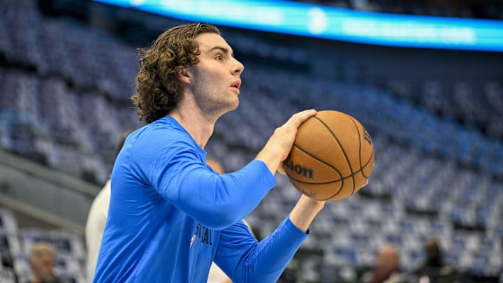 May 13, 2024; Dallas, Texas, USA; Oklahoma City Thunder guard Josh Giddey (3) warms up before the game between the Dallas Mavericks and the Oklahoma City Thunder in game four of the second round for the 2024 NBA playoffs at American Airlines Center. Mandatory Credit: Jerome Miron-Imagn Images