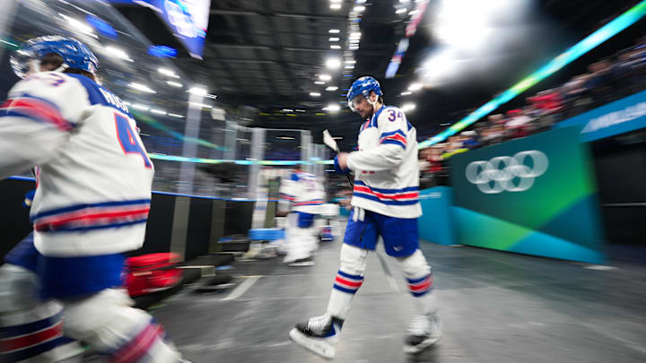 Feb 20, 2026; Milan, Italy; Auston Matthews (34) of the United States takes the ice for the third period against Slovakia in a men's ice hockey semifinal during the Milano Cortina 2026 Olympic Winter Games at Milano Santagiulia Ice Hockey Arena. Mandatory Credit: James Lang-Imagn Images Feb 20, 2026; Milan, Italy; Auston Matthews (34) of the United States takes the ice for the third period against Slovakia in a men's ice hockey semifinal during the Milano Cortina 2026 Olympic Winter Games at Milano Santagiulia Ice Hockey Arena. Mandatory Credit: James Lang-Imagn Images