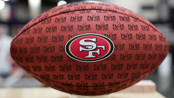 Feb 10, 2024; Las Vegas, NV, USA; A football with a San Francisco 49ers logo at the NFL Experience at the Mandalay Bay South Convention Center. Mandatory Credit: Kirby Lee-Imagn Images