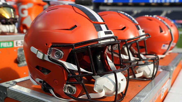 Dec 3, 2023; Inglewood, California, USA; Riddell speedflex Cleveland Browns helmets on the sidelines at SoFi Stadium. Mandatory Credit: Kirby Lee-Imagn Images