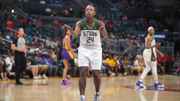 Jul 16, 2024; Los Angeles, California, USA; Seattle Storm guard Jewell Loyd (24) reacts in the second half against the LA Sparks at Crypto.com Arena. Mandatory Credit: Kirby Lee-Imagn Images