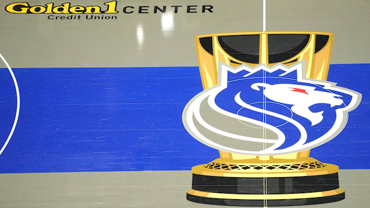 Dec 4, 2023; Sacramento, California, USA; The Sacramento Kings logo for the In-Season Tournament is displayed at mid-court before the game against the New Orleans Pelicans at Golden 1 Center. Mandatory Credit: Darren Yamashita-Imagn Images