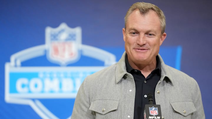 Feb 24, 2026; Indianapolis, IN, USA; San Francisco 49ers general manager John Lynch speaks at the NFL Scouting Combine at the Indiana Convention Center. Mandatory Credit: Kirby Lee-Imagn Images
