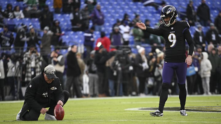 Dec 1, 2024; Baltimore, Maryland, USA;  Baltimore Ravens place kicker Justin Tucker (9) warms up before the game against the Philadelphia Eagles at M&T Bank Stadium. Mandatory Credit: Tommy Gilligan-Imagn Images