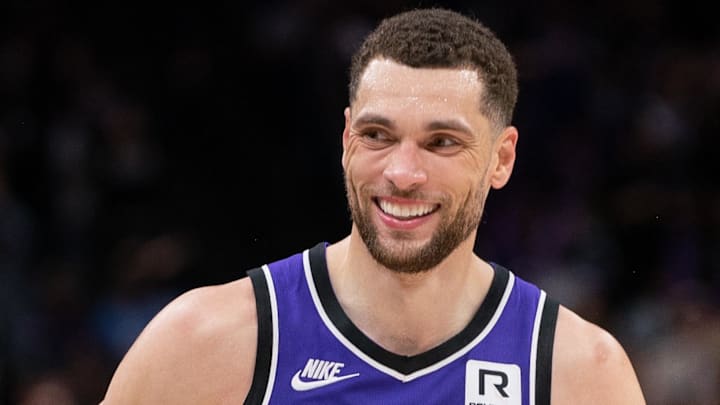 Feb 24, 2025; Sacramento, California, USA; Sacramento Kings guard Zach LaVine (8) reacts after scoring against the Charlotte Hornets during the fourth quarter at Golden 1 Center. Mandatory Credit: Ed Szczepanski-Imagn Images Feb 24, 2025; Sacramento, California, USA; Sacramento Kings guard Zach LaVine (8) reacts after scoring against the Charlotte Hornets during the fourth quarter at Golden 1 Center. Mandatory Credit: Ed Szczepanski-Imagn Images