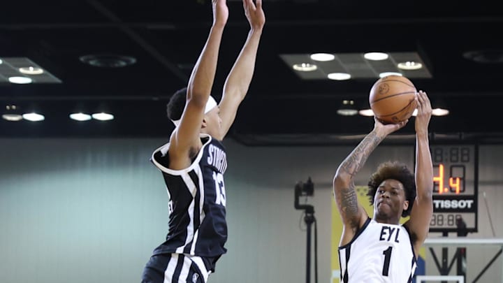 Feb 18, 2024; Indianapolis, Indiana, USA; Team ELY guard Dink Pate (1) of the G League Ignite shoots