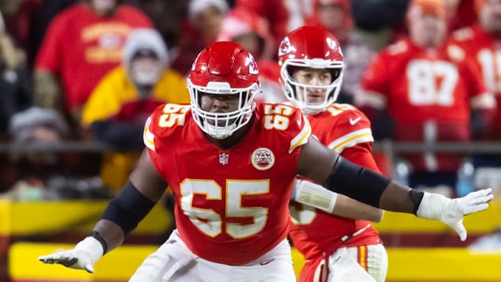 Trey Smith protecting Patrick Mahomes. The Chiefs right guard could become a free agent unless they tag him or sign him.