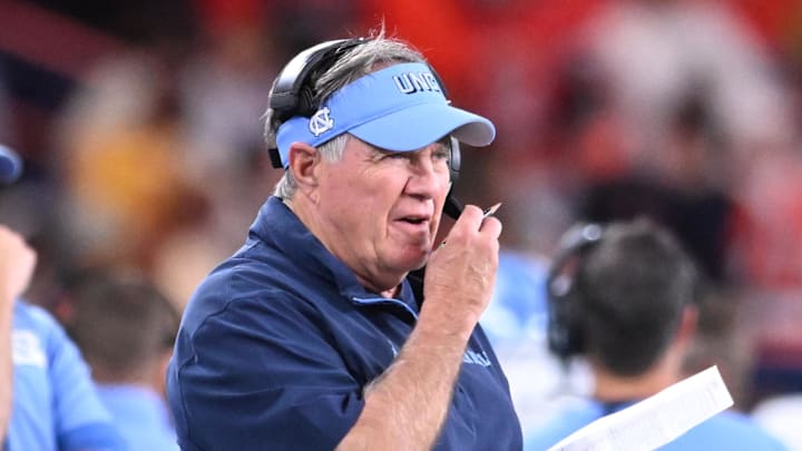 Oct 31, 2025; Syracuse, New York, USA; North Carolina Tar Heels head coach Bill Belichick on the sidelines in the second quarter against the Syracuse Orange at the JMA Wireless Dome. Mandatory Credit: Mark Konezny-Imagn Images