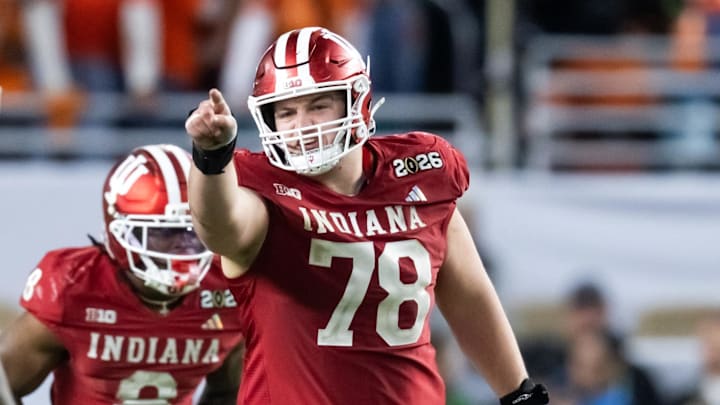 Jan 19, 2026; Miami Gardens, FL, USA; Indiana Hoosiers offensive lineman Pat Coogan (78) against the Miami Hurricanes in the College Football Playoff National Championship game at Hard Rock Stadium. Mandatory Credit: Mark J. Rebilas-Imagn Images