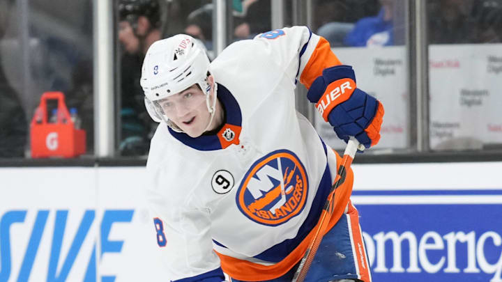 Feb 24, 2022; San Jose, California, USA; New York Islanders defenseman Noah Dobson (8) shoots during