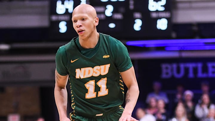 Dec 10, 2024; Indianapolis, Indiana, USA; North Dakota State Bison guard Jacari White (11) dribbles the ball during the second half against the Butler Bulldogs at Hinkle Fieldhouse. Mandatory Credit: Robert Goddin-Imagn Images