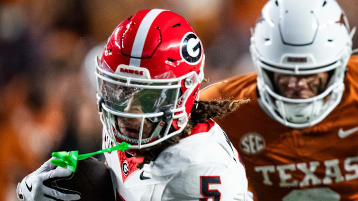 Oct 19, 2024; Austin, Texas, USA; Georgia Bulldogs wide receiver Anthony Evans III (5) carries the ball in the third quarter of the game against the Texas Longhorns at Darrell K Royal-Texas Memorial Stadium. Mandatory Credit: Sara Diggins/USA TODAY Network via Imagn Images