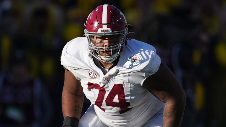 Jan 1, 2024; Pasadena, CA, USA; Alabama Crimson Tide offensive lineman Kadyn Proctor (74) looks on against the Michigan Wolverines during the first half in the 2024 Rose Bowl college football playoff semifinal game at Rose Bowl. Mandatory Credit: Kirby Lee-Imagn Images