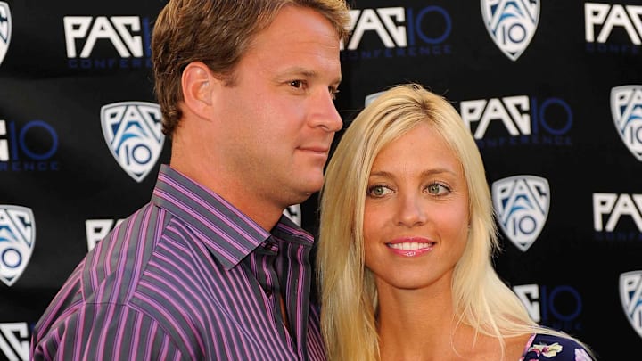 Jul 29, 2010; Lane Kiffin and his wife Layla when he was coaching the USC Trojans.