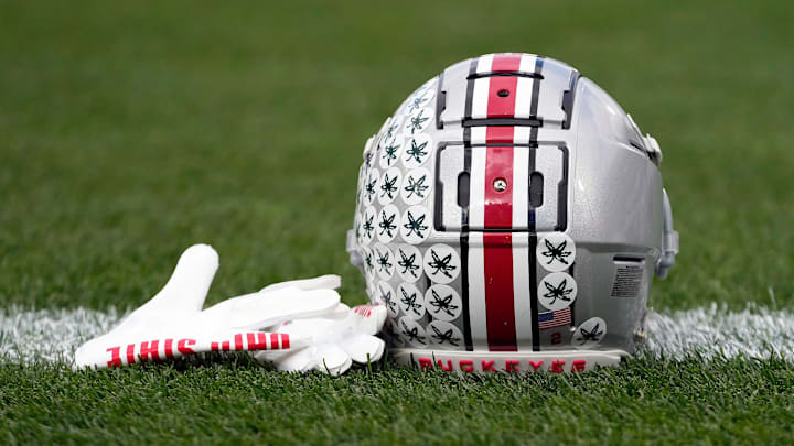 Oct 8, 2022; East Lansing, Michigan, USA; Ohio State Buckeyes wide receiver Emeka Egbuka (2) helmet and gloves during warm-ups before the NCAA Division I football game between the Ohio State Buckeyes and Michigan State Spartans at Spartan Stadium. Osu 22 MSU Kwr 14