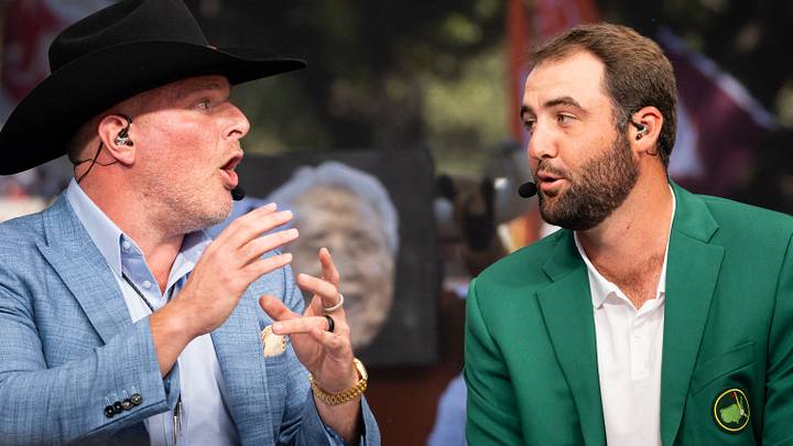 Oct 19, 2024; Austin, Texas, USA; Pat McAfee, left, and Scottie Scheffler