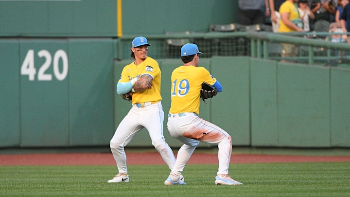 Aug 16, 2025; Boston, Massachusetts, USA; Boston Red Sox center fielder Jarren Duran (16) and left fielder Roman Anthony (19) react after defeating the Miami Marlins at Fenway Park. Mandatory Credit: Bob DeChiara-Imagn Images