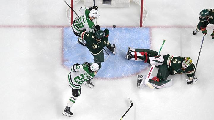 Apr 30, 2026; Saint Paul, Minnesota, USA; Dallas Stars forward Mavrik Bourque (22) scores a goal against the Minnesota Wild during the second period in game six of the first round of the 2026 Stanley Cup Playoffs at Grand Casino Arena. Mandatory Credit: Nick Wosika-Imagn Images
