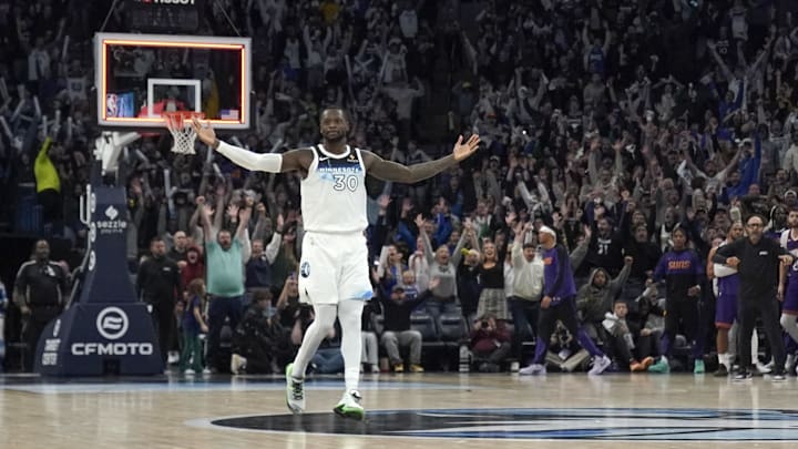 Minnesota Timberwolves forward Julius Randle celebrates his game-winning 3-pointer against the Phoenix Suns at the end of the fourth quarter at Target Center in Minneapolis on Nov. 17, 2024. Minnesota Timberwolves forward Julius Randle celebrates his game-winning 3-pointer against the Phoenix Suns at the end of the fourth quarter at Target Center in Minneapolis on Nov. 17, 2024.