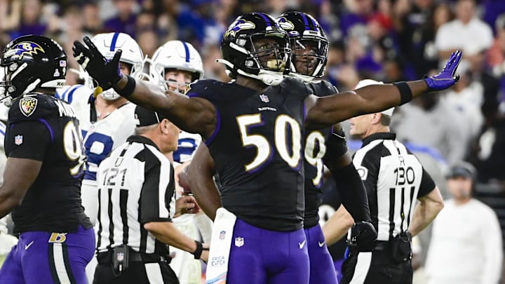 Oct 11, 2021; Baltimore, Maryland, USA; Baltimore Ravens outside linebacker Justin Houston (50) celebrates after sacking Indianapolis Colts quarterback Carson Wentz (2) during the second half at M&T Bank Stadium. Mandatory Credit: Tommy Gilligan-Imagn Images Oct 11, 2021; Baltimore, Maryland, USA; Baltimore Ravens outside linebacker Justin Houston (50) celebrates after sacking Indianapolis Colts quarterback Carson Wentz (2) during the second half at M&T Bank Stadium. Mandatory Credit: Tommy Gilligan-Imagn Images
