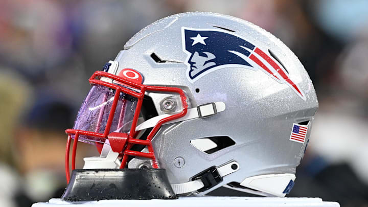 Aug 10, 2023; Foxborough, Massachusetts, USA; A New England Patriots helmet sits on the sideline during the first half against the Houston Texans at Gillette Stadium. Mandatory Credit: Eric Canha-Imagn Images