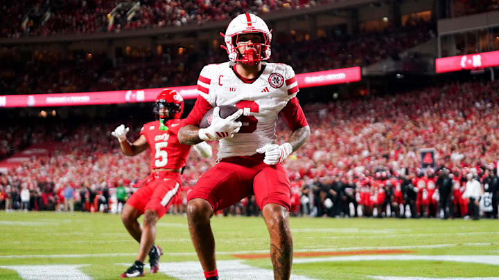 Nebraska Cornhuskers wide receiver Dane Key (6) runs to the end zone and scores a touchdown at the Kansas City Classic season opening game between the Cincinnati Bearcats and Nebraska Cornhuskers, Aug. 28, 2025, at Arrowhead Stadium in Kansas City, Mo.