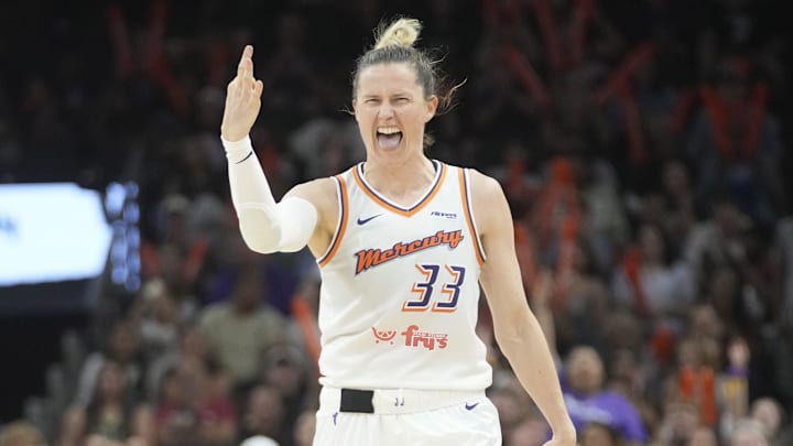 Phoenix Mercury guard Sami Whitcomb (33) celebrates after a three-point basket against the Dallas Wings during the third quarter at PHX Arena on July 7, 2025.