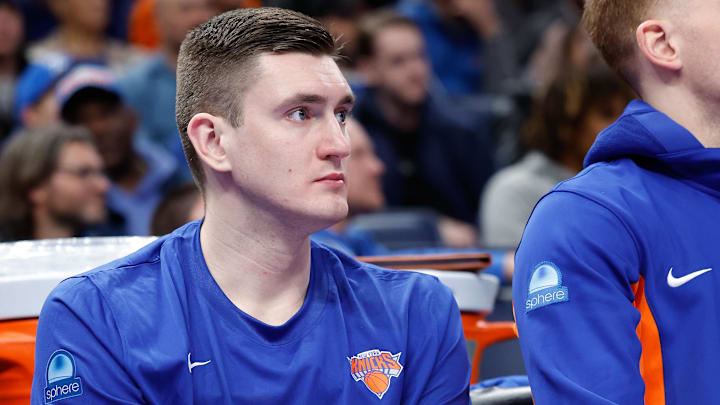 Dec 27, 2023; Oklahoma City, Oklahoma, USA; New York Knicks Dmytro Skapintsev sits on the bench during the second half against the Oklahoma City Thunder at Paycom Center. Mandatory Credit: Alonzo Adams-Imagn Images