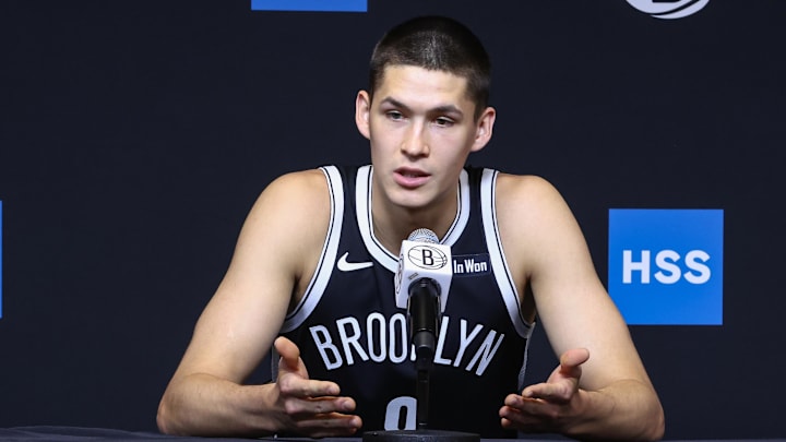 Sep 23, 2025; Brooklyn, NY, USA;  Brooklyn Nets guard Egor Demin (8) speaks at Media Day. Mandatory Credit: Wendell Cruz-Imagn Images