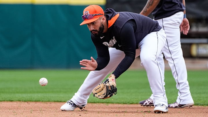 Detroit Tigers infielder Gleyber Torres works out during spring training at Joker Marchant Stadium in Lakeland, Fla. on Thursday, Feb. 20, 2025.