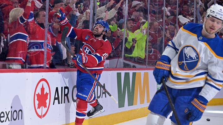 Montreal Canadiens forward Alex Newhook (15) celebrates after scoring a goal against the Buffalo Sabres during the first period in game four of the second round of the 2026 Stanley Cup Playoffs at Bell Centre. Mandatory Credit: Eric Bolte-Imagn Images