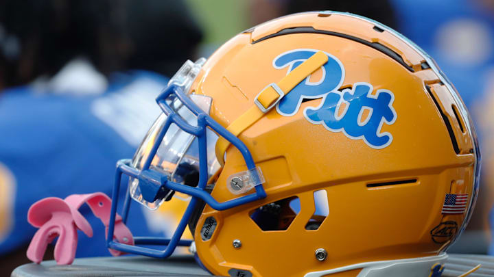 Sep 2, 2023; Pittsburgh, Pennsylvania, USA;  A Pittsburgh Panthers helmet on the sidelines against the Wofford Terriers during the fourth quarter at Acrisure Stadium. Mandatory Credit: Charles LeClaire-Imagn Images
