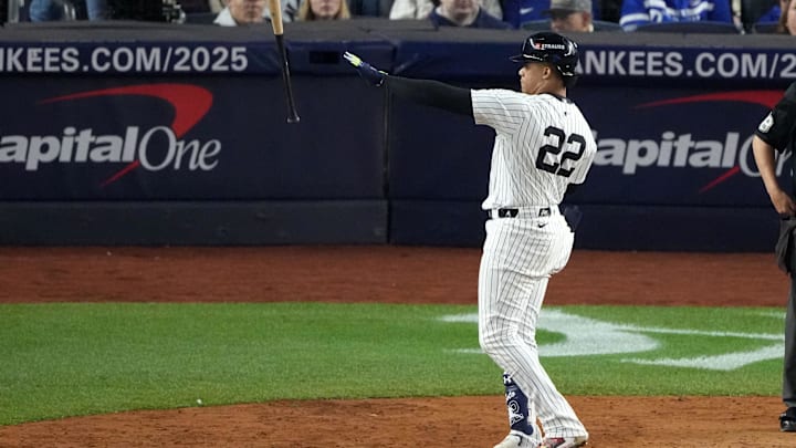 Oct 29, 2024; Bronx, New York, USA; New York Yankees outfielder Juan Soto (22) reacts after a strike out against the Los Angeles Dodgers in the sixth inning during game four of the 2024 MLB World Series at Yankee Stadium. Mandatory Credit: Robert Deutsch-Imagn Images Oct 29, 2024; Bronx, New York, USA; New York Yankees outfielder Juan Soto (22) reacts after a strike out against the Los Angeles Dodgers in the sixth inning during game four of the 2024 MLB World Series at Yankee Stadium. Mandatory Credit: Robert Deutsch-Imagn Images