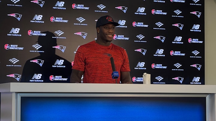 New England Patriots linebacker KJ Britt speaks to the media following the team's voluntary offseason workouts.