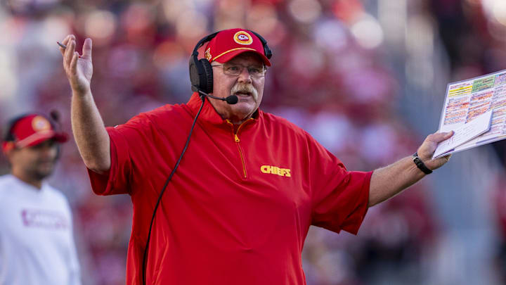 October 20, 2024; Santa Clara, California, USA; Kansas City Chiefs head coach Andy Reid argues with the referee during the fourth quarter against the San Francisco 49ers at Levi's Stadium. Mandatory Credit: Kyle Terada-Imagn Images