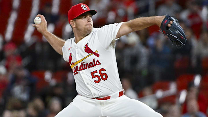 Apr 9, 2024; St. Louis, Missouri, USA; St. Louis Cardinals relief pitcher Ryan Helsley (56) pitches against the Philadelphia Phillies during the ninth inning at Busch Stadium. Apr 9, 2024; St. Louis, Missouri, USA; St. Louis Cardinals relief pitcher Ryan Helsley (56) pitches against the Philadelphia Phillies during the ninth inning at Busch Stadium.