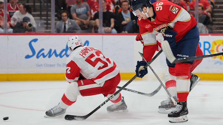 Apr 15, 2026; Sunrise, Florida, USA; Florida Panthers defenseman Mikulas Hovorka (96) moves the puck against Detroit Red Wings defenseman Travis Hamonic (52) during the second period at Amerant Bank Arena. Mandatory Credit: Sam Navarro-Imagn Images Apr 15, 2026; Sunrise, Florida, USA; Florida Panthers defenseman Mikulas Hovorka (96) moves the puck against Detroit Red Wings defenseman Travis Hamonic (52) during the second period at Amerant Bank Arena. Mandatory Credit: Sam Navarro-Imagn Images