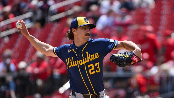 May 6, 2026; St. Louis, Missouri, USA; Milwaukee Brewers starting pitcher Brandon Sproat (23) pitches against the St. Louis Cardinals during the first inning at Busch Stadium. Mandatory Credit: Jeff Curry-Imagn Images