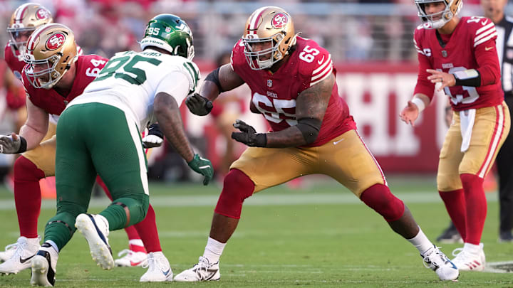 Sep 9, 2024; Santa Clara, California, USA; San Francisco 49ers guard Aaron Banks (65) blocks New York Jets defensive tackle Quinnen Williams (center left) during the second quarter at Levi's Stadium. Mandatory Credit: Darren Yamashita-Imagn Images Sep 9, 2024; Santa Clara, California, USA; San Francisco 49ers guard Aaron Banks (65) blocks New York Jets defensive tackle Quinnen Williams (center left) during the second quarter at Levi's Stadium. Mandatory Credit: Darren Yamashita-Imagn Images