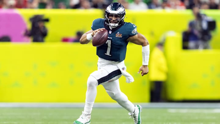 Philadelphia Eagles quarterback Jalen Hurts against the Kansas City Chiefs during Super Bowl LIX at Ceasars Superdome. Philadelphia Eagles quarterback Jalen Hurts against the Kansas City Chiefs during Super Bowl LIX at Ceasars Superdome.